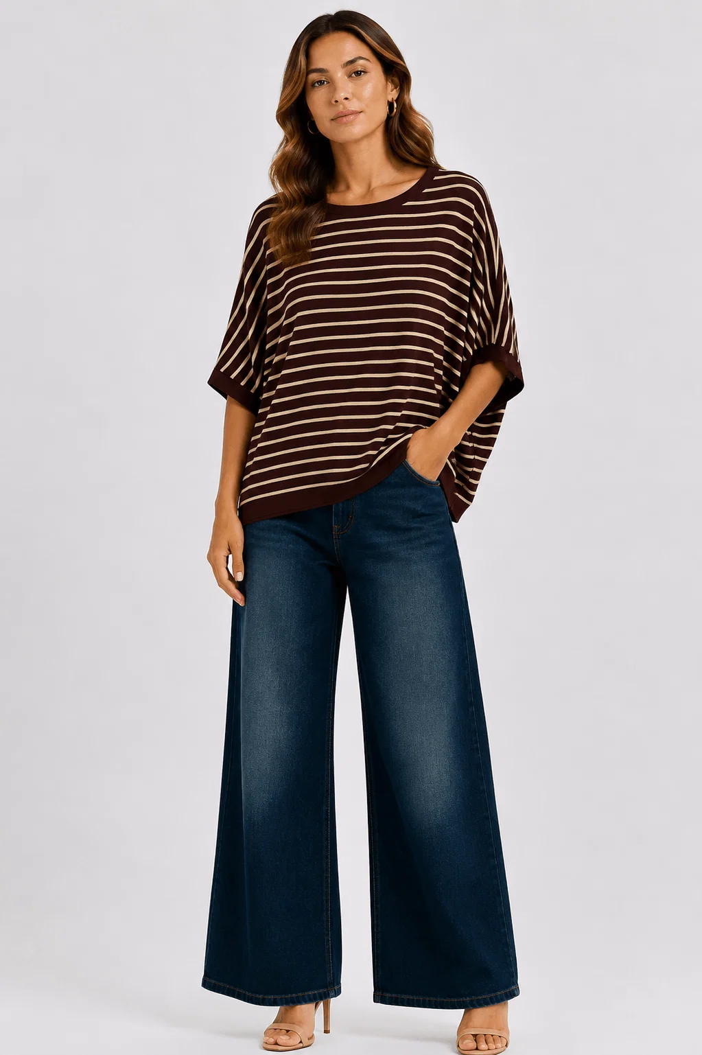 Blusa Tricot Listrada Manga 3/4 - Marrom — imagem 1
