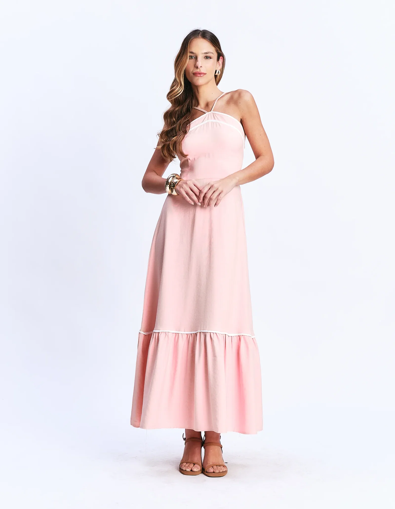 Vestido Longo Frente Única Detalhe Vivos - Pessego — imagem 1