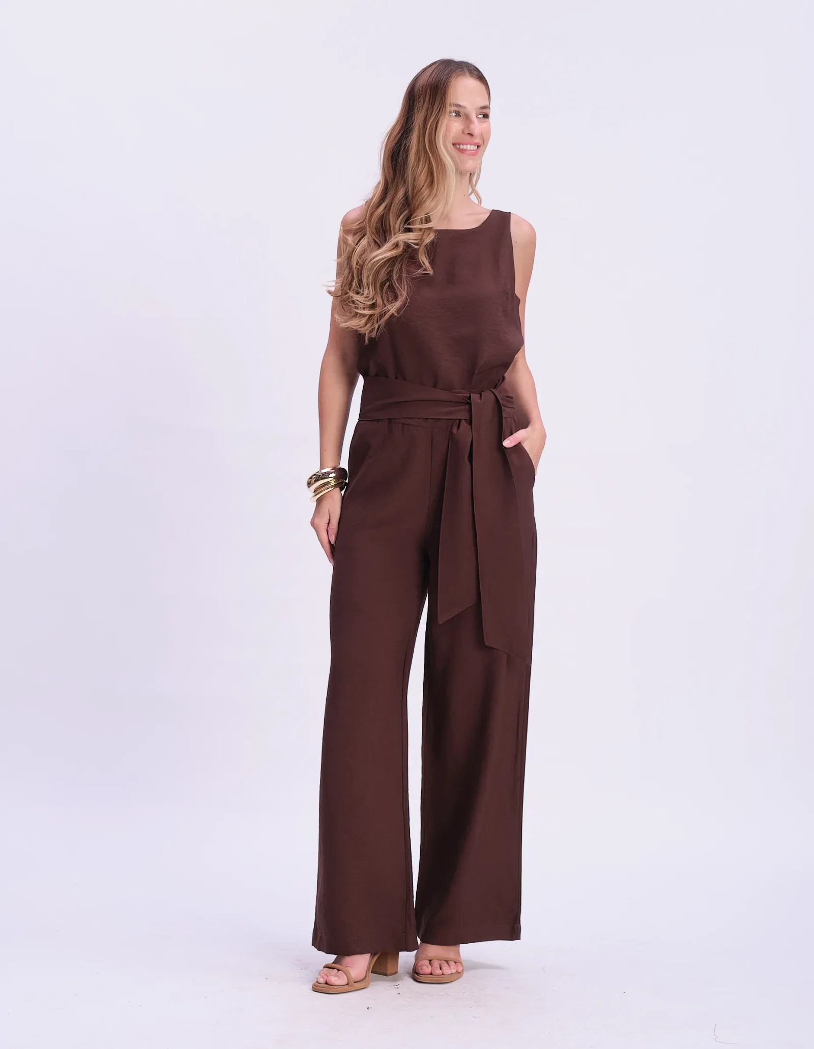 Calça Pantalona Com Faixa - Cafe