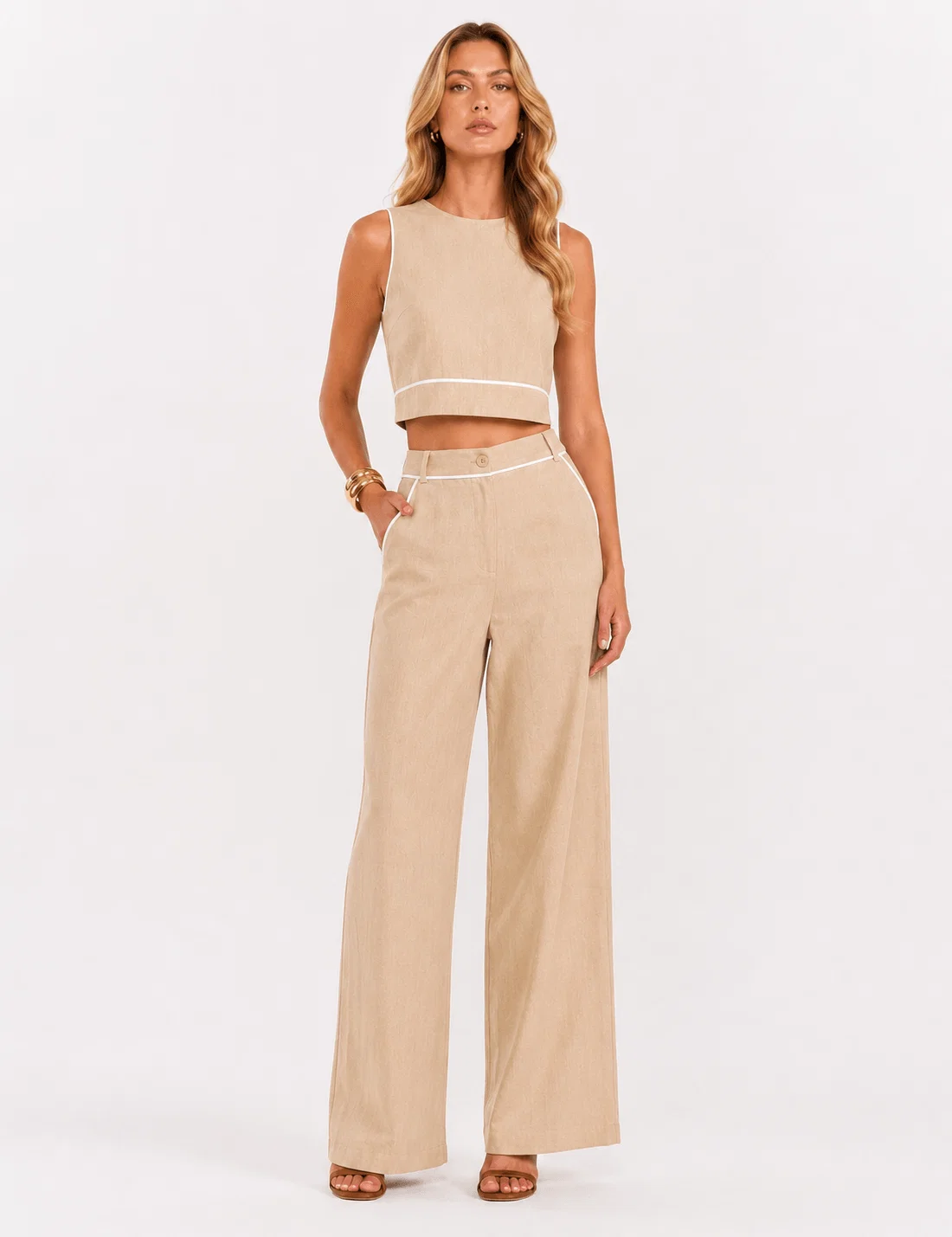 Calça Viscolinho Detalhe Bicolor - Bege — imagem 1