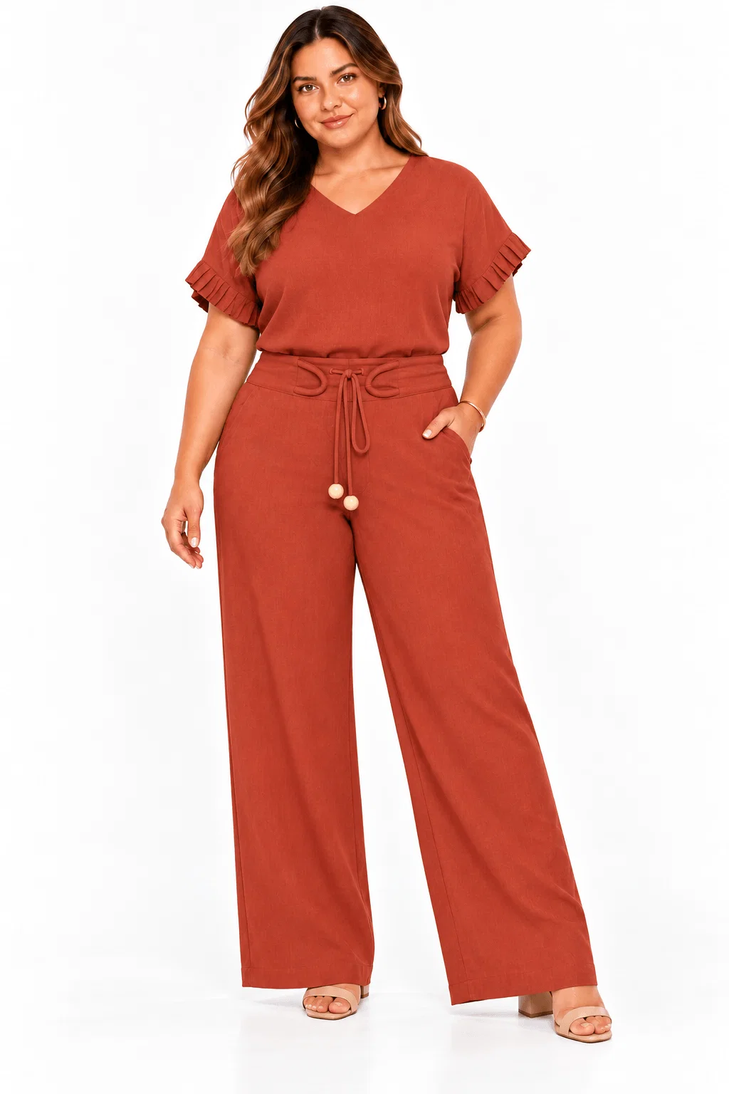 Calça Pantalona Detalhe Cós Corda - Terracota — imagem 1