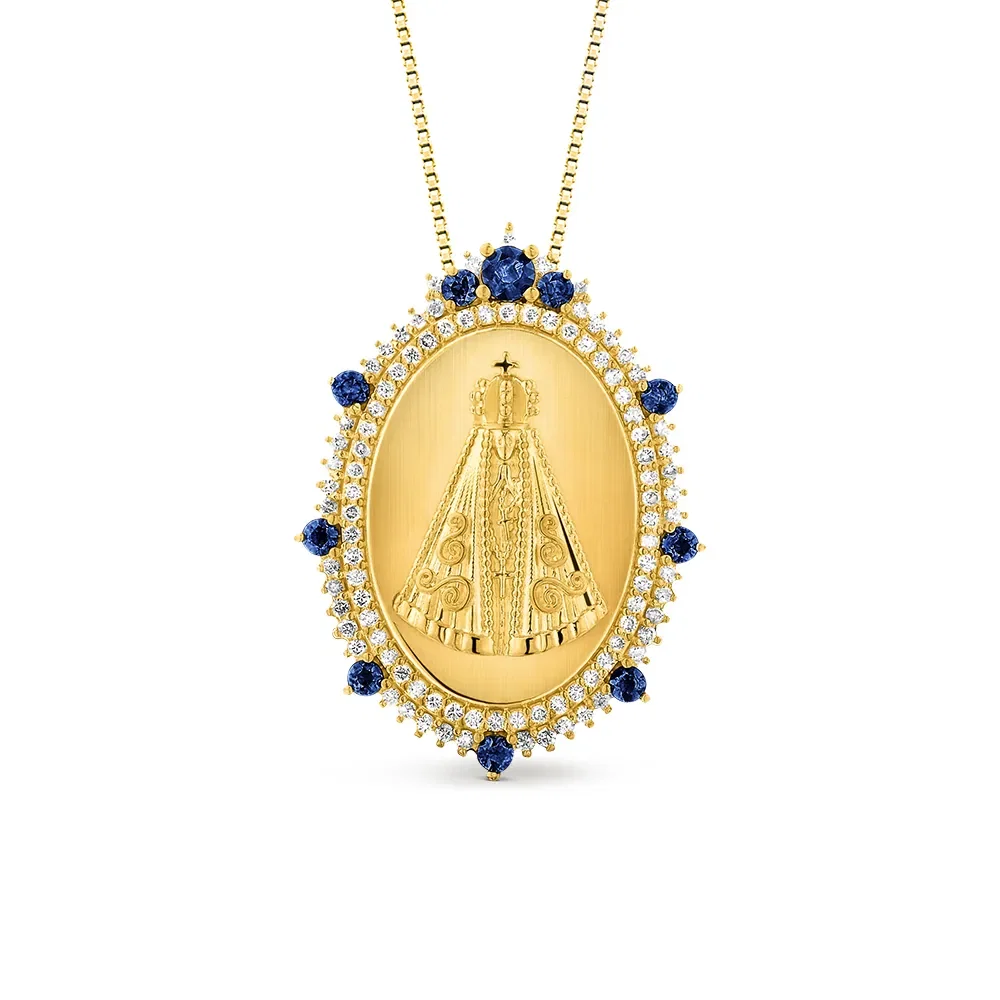 Pingente Virtuosa N.Sra Aparecida em Ouro Amarelo 18k com Safiras Azul e Diamantes, 30mm — imagem 1