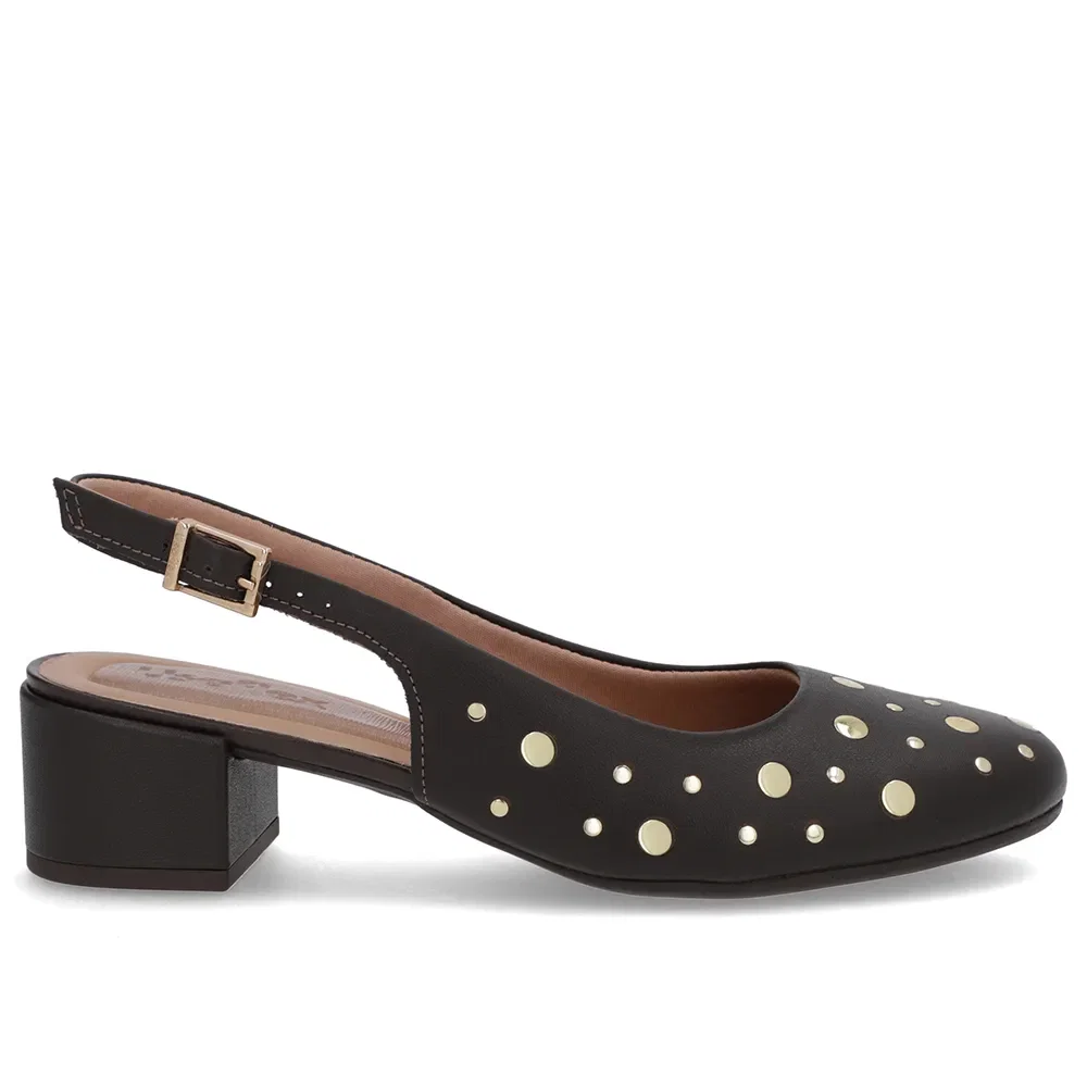 Slingback Marrom Bico Redondo Couro Laser Tachas