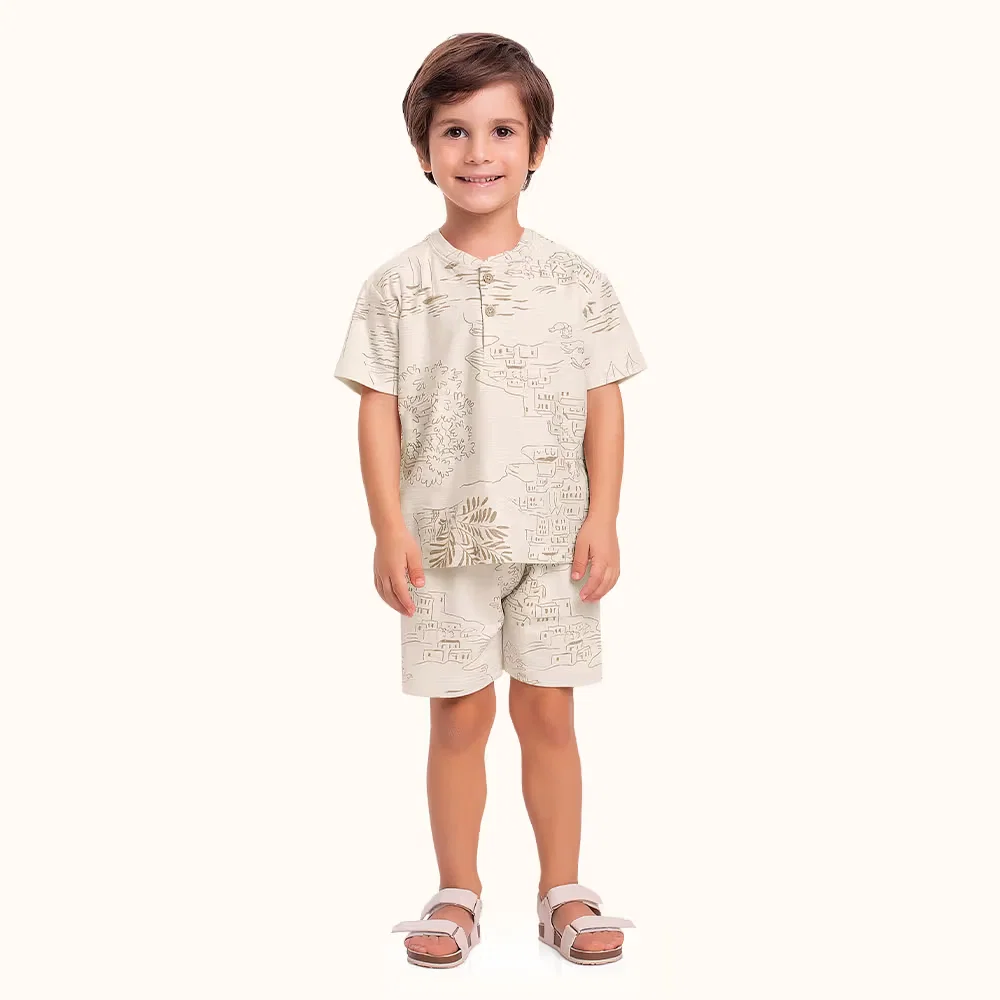 Conjunto camiseta gola padre em meia malha flamê e bermuda em moletinho flamê com cadarço decorativo — imagem 1