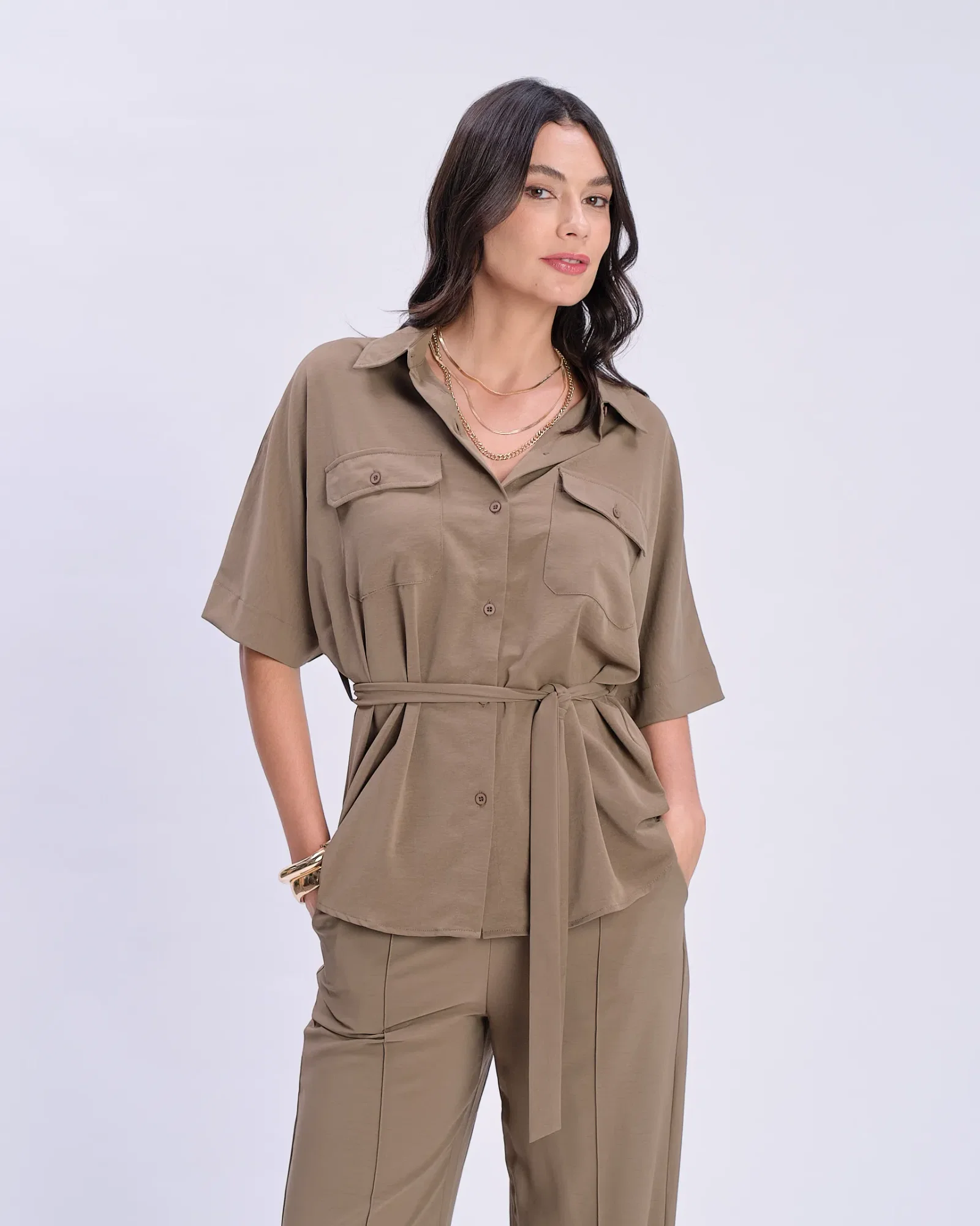 Blusa Manga Curta Com Faixa Amarração - Verde Oliva — imagem 1