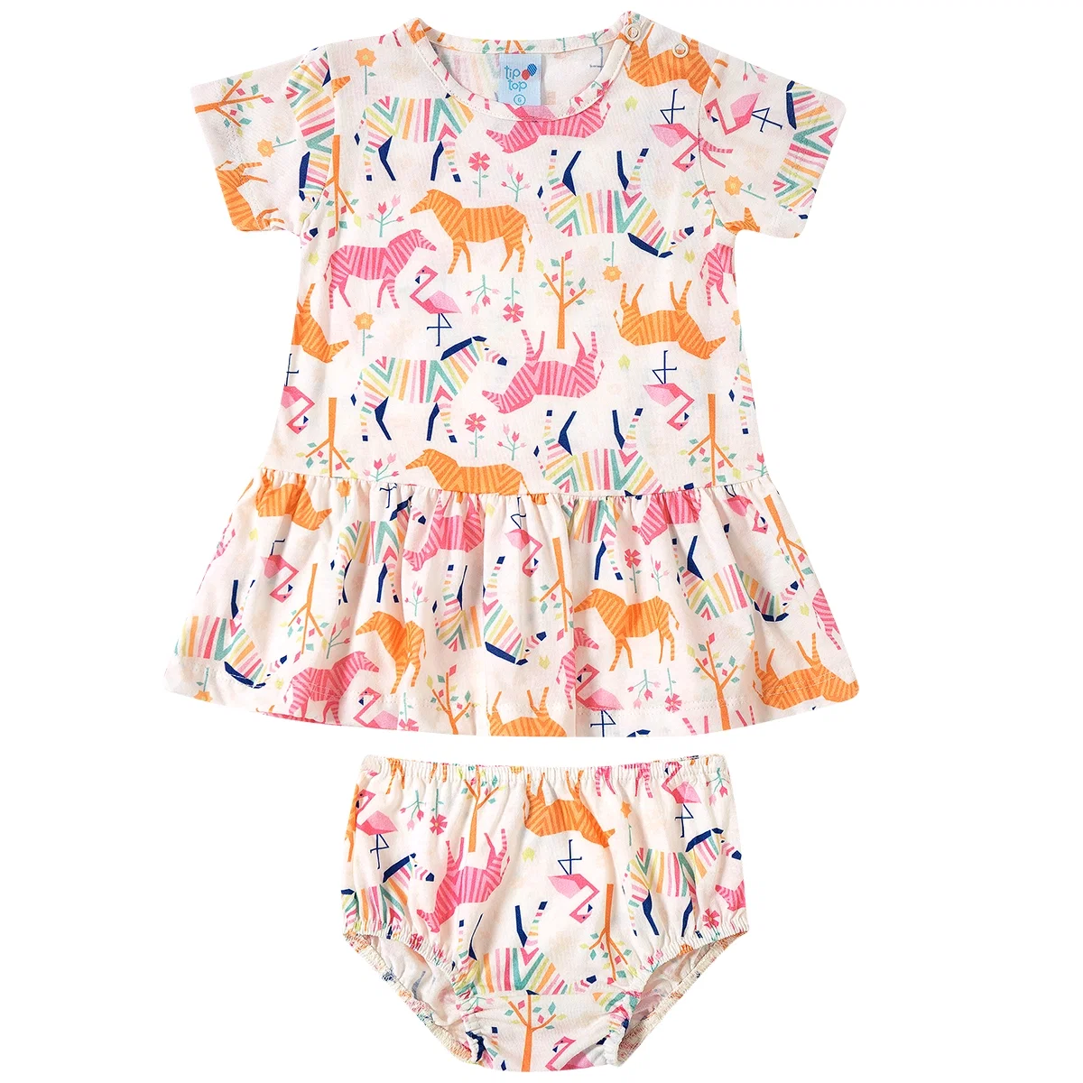 Vestido Manga Curta Com Calcinha Bebê Zoo Meia Malha Tip Top