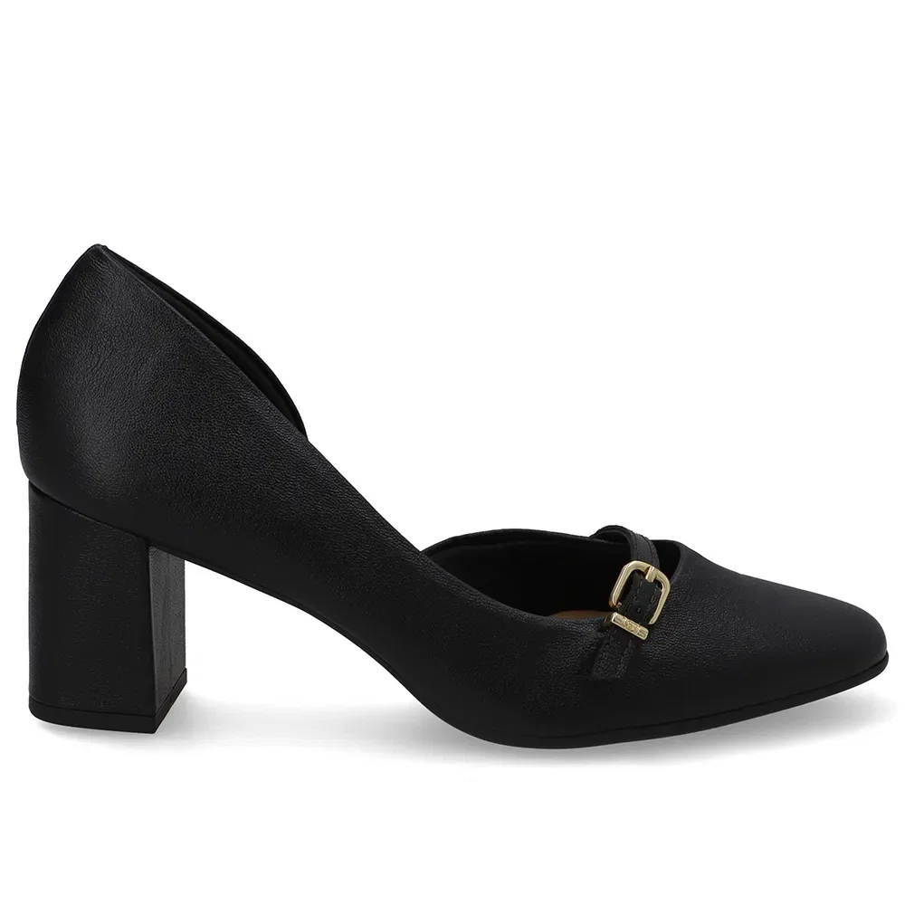 Scarpin Preto Bico Redondo Couro Tira Enfeite — imagem 1