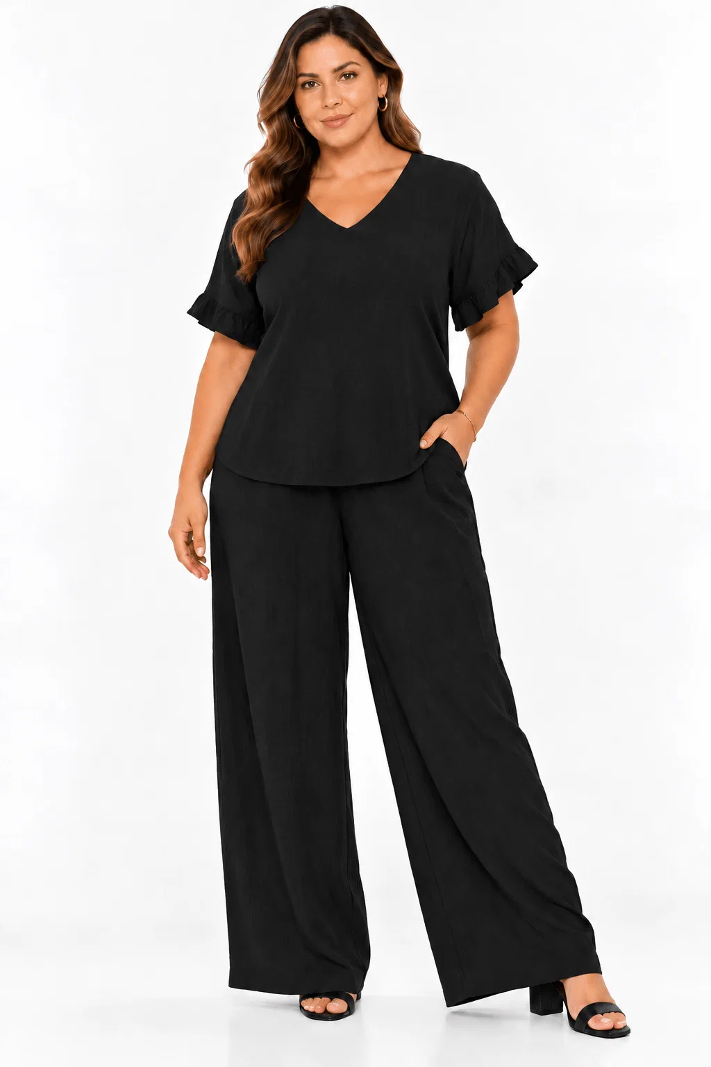 Blusa Ampla Decote v Manga Plissada - Preto