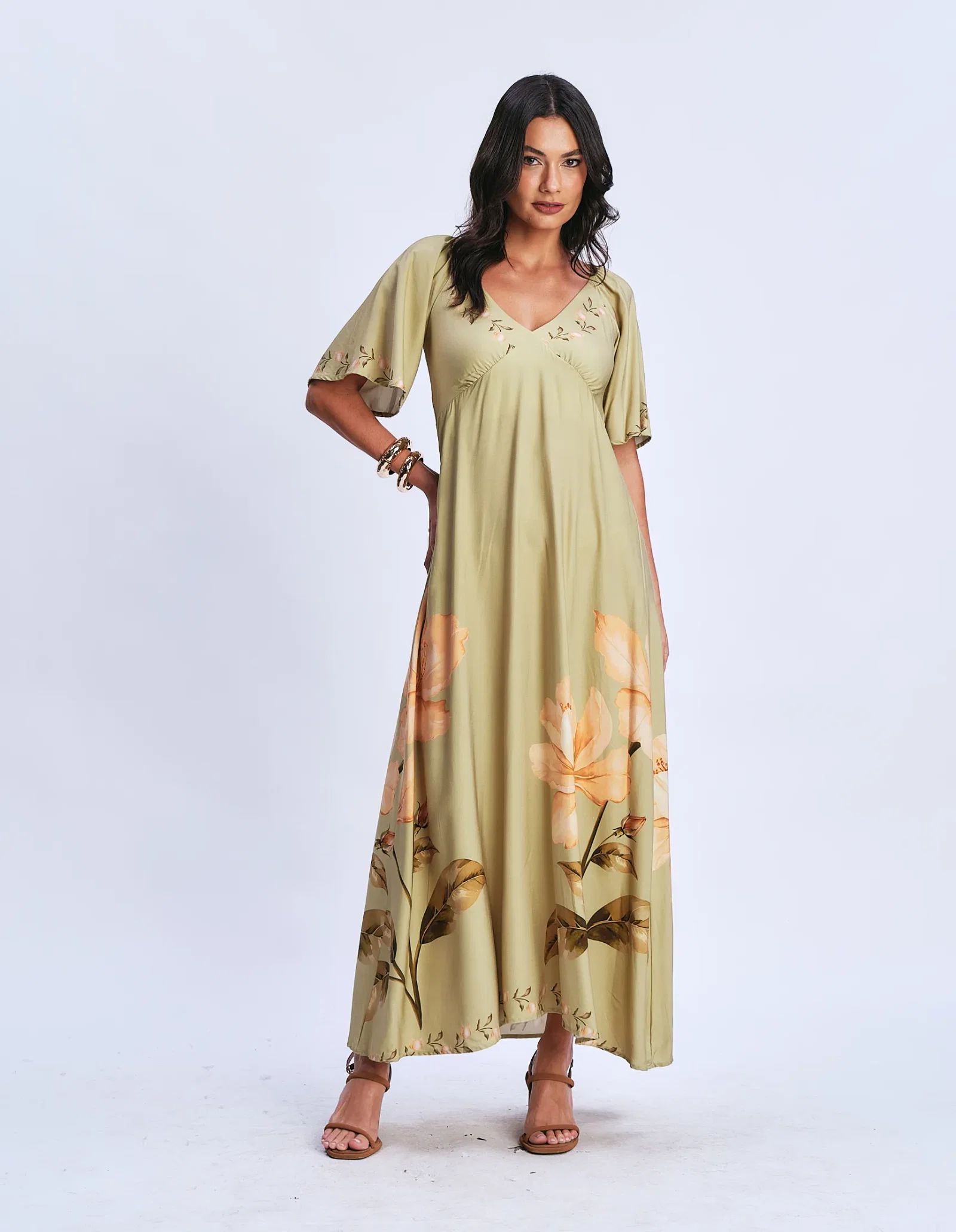 Vestido Longo Estampado Floral Hibisco - Verde — imagem 1