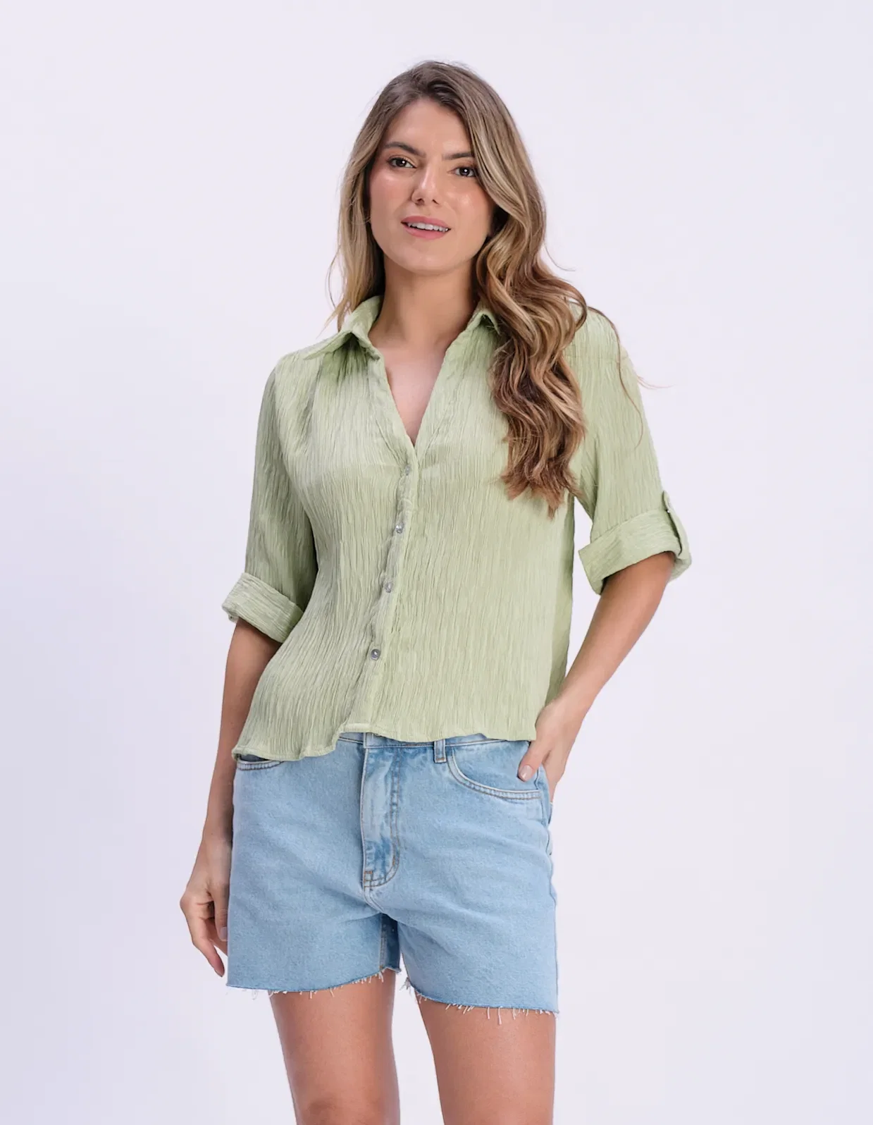 Camisa Ampla Textura Com Botões - Verde — imagem 1