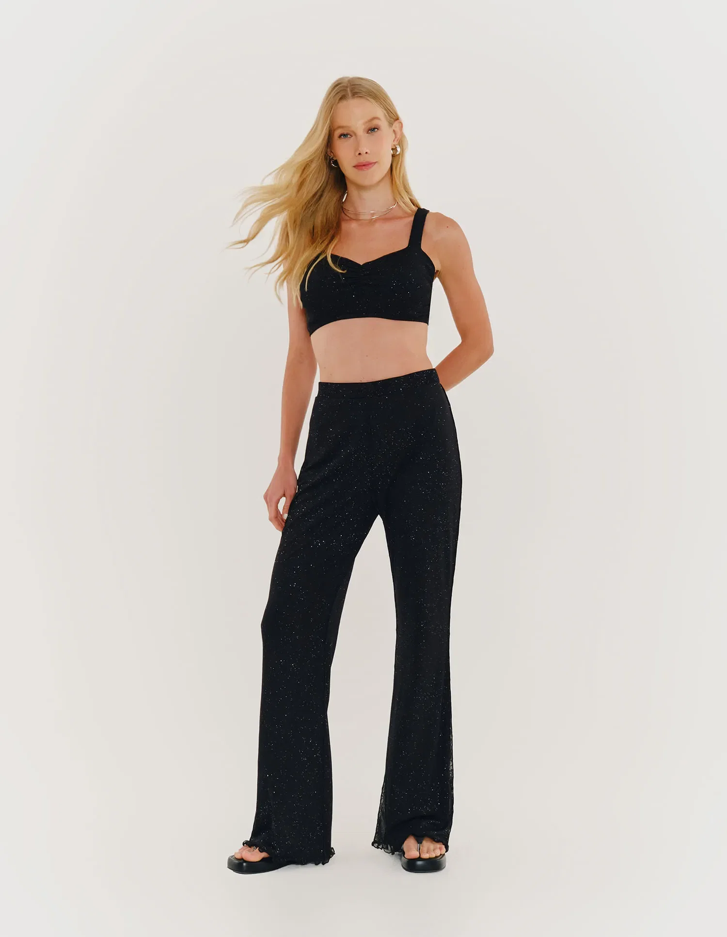 Calça Reta Tule Com Glitter - Preto