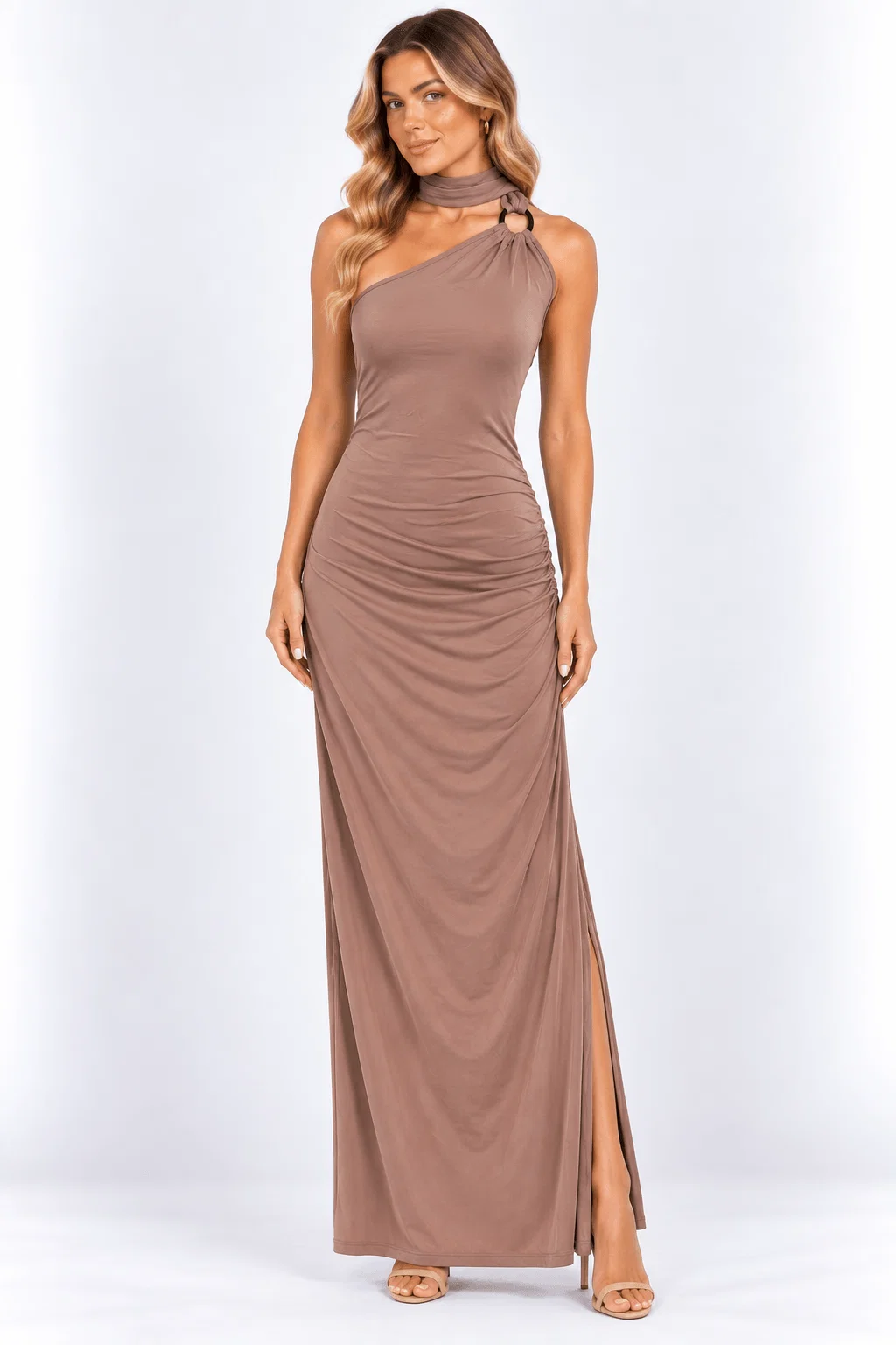 Vestido Frente Única Detalhe Metal - Rosa Seco