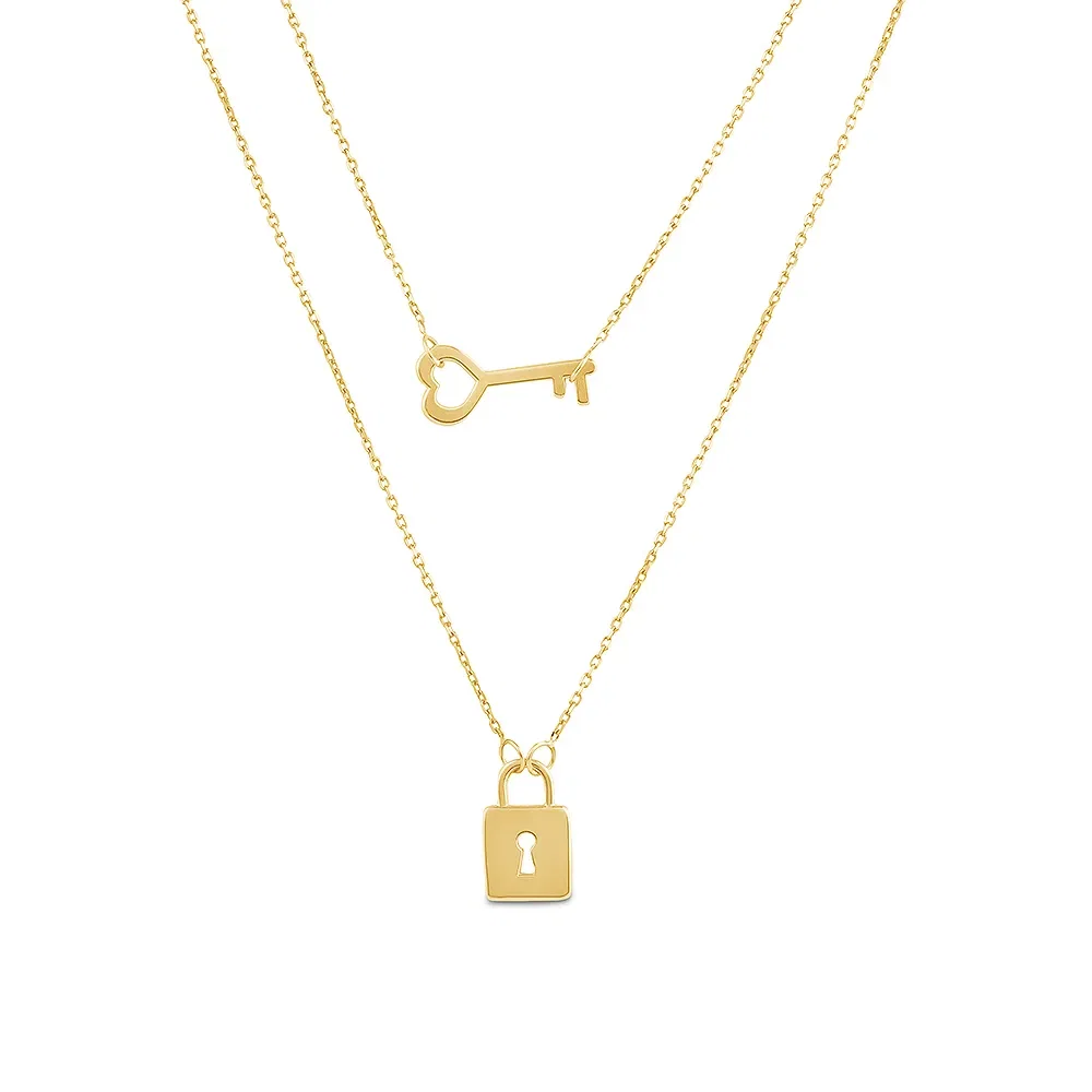 Escapulário Love com Chave e Cadeado em Ouro Amarelo 18k, 60cm