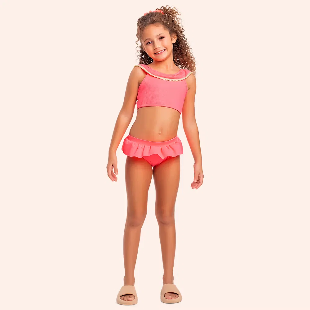 Conjunto biquini infantil babados e pompom