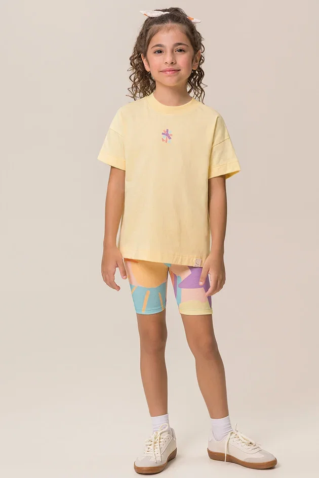 Conjunto Camiseta em Meia Malha e Bermuda Ciclista Cotton Estampado