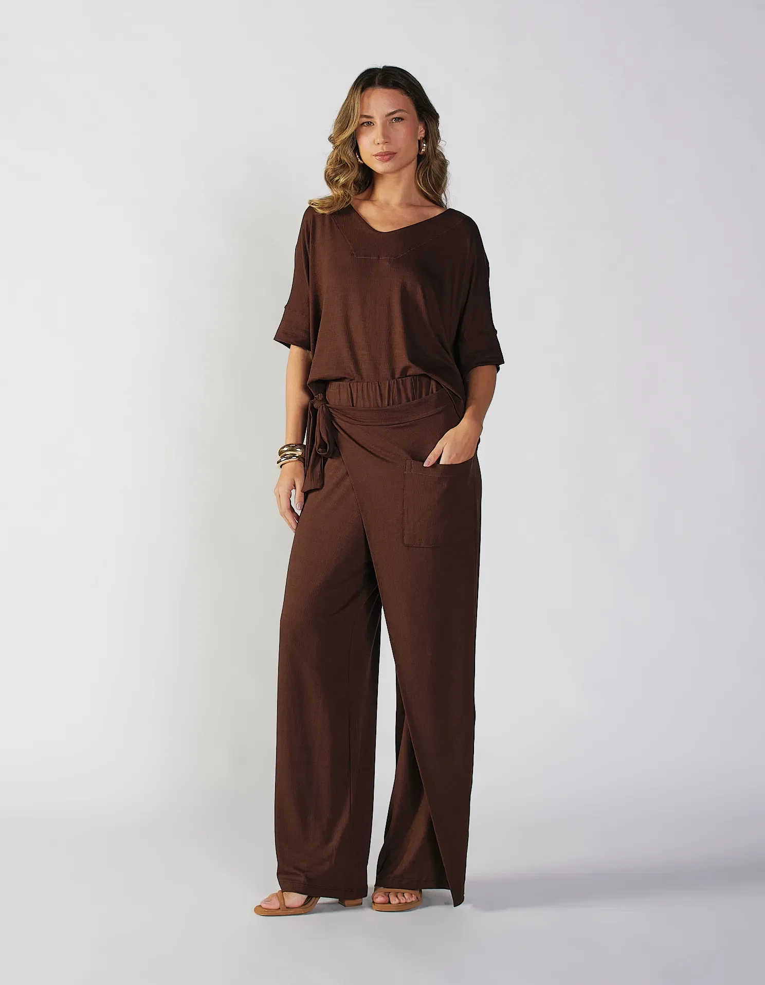 Calça Pantalona Envelope Amarração - Marrom — imagem 1