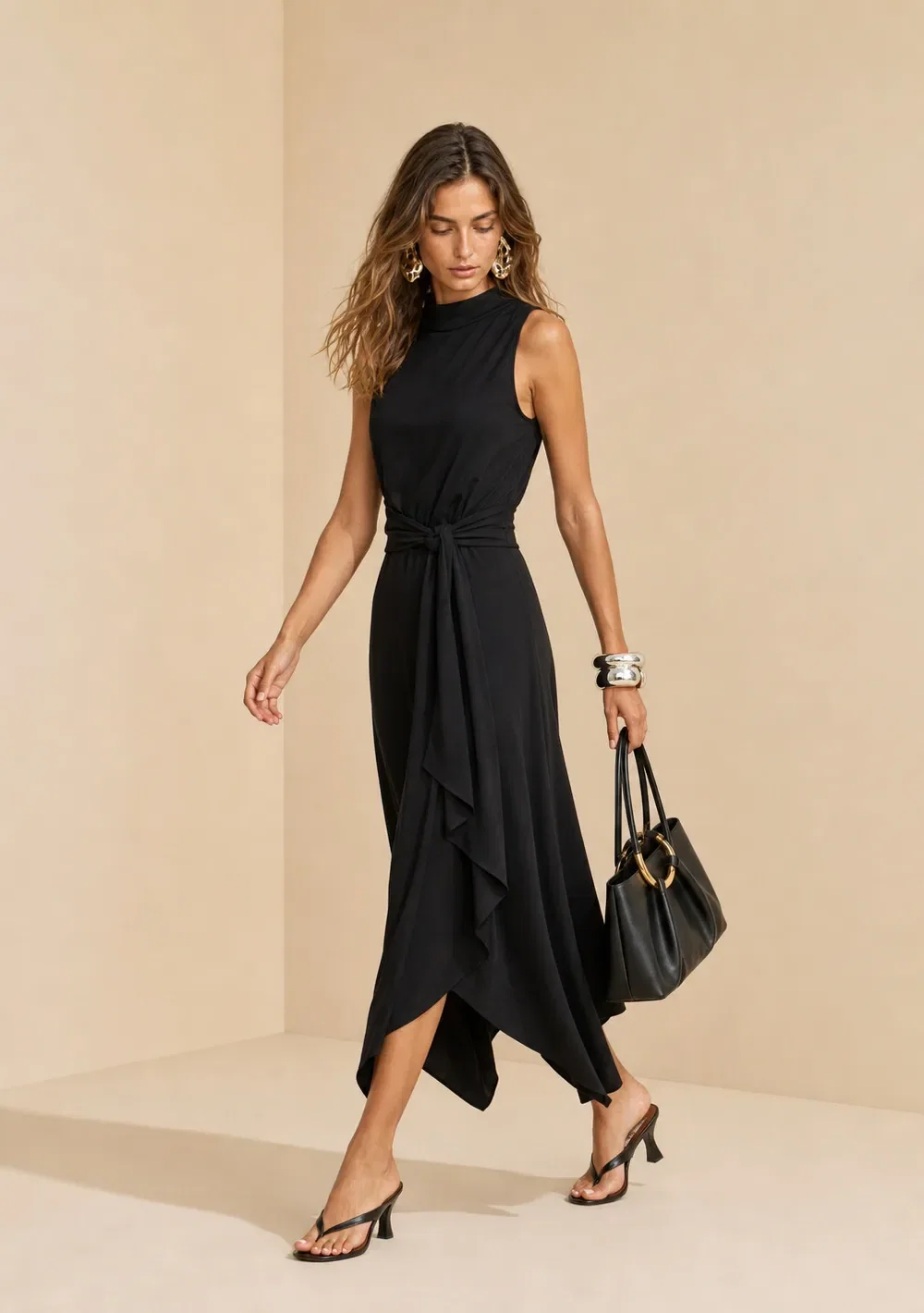 Vestido Gola Alta Midi Sonata Preto