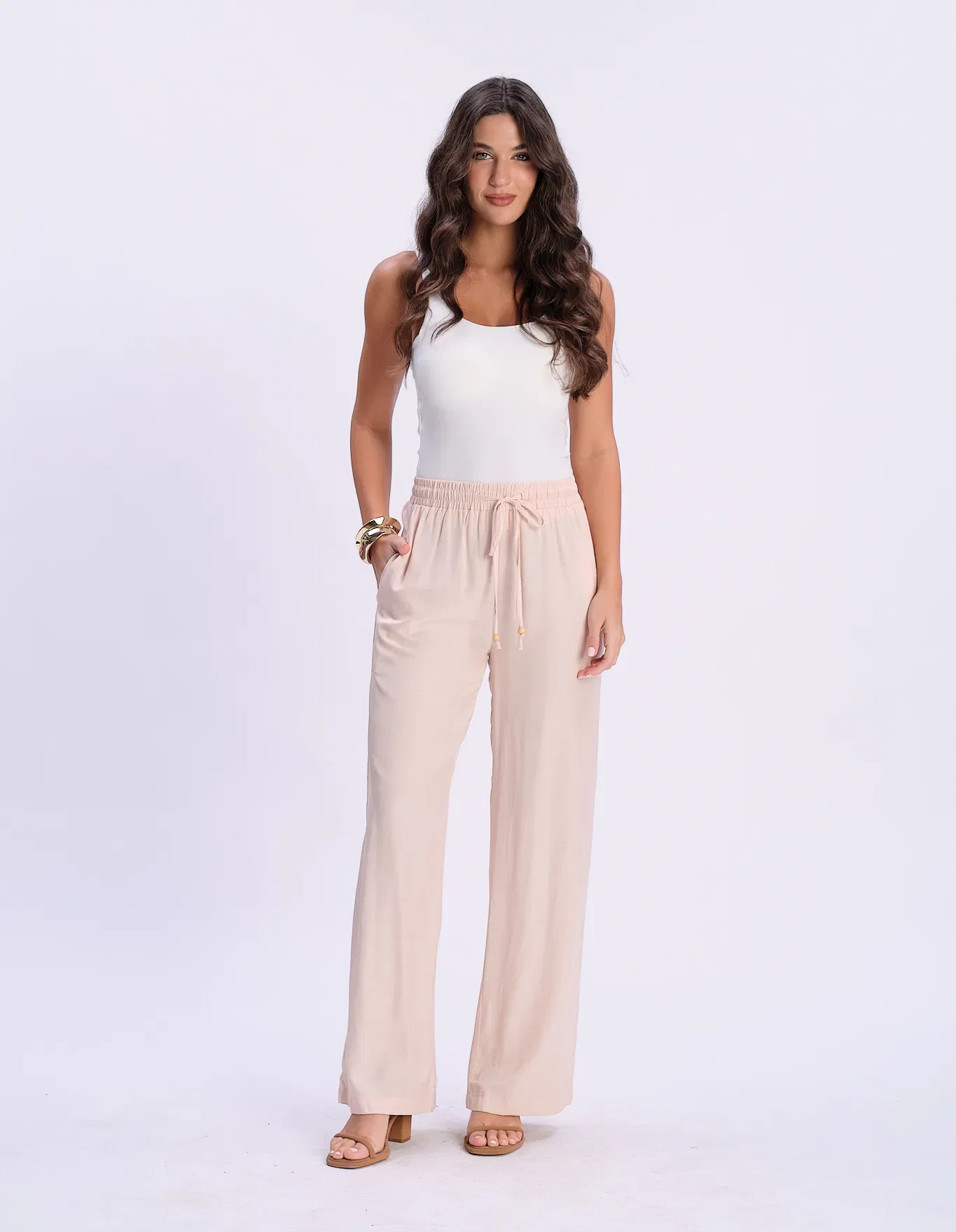 Calça Pantalona Cós Elástico Com Bolsos - Rose — imagem 1