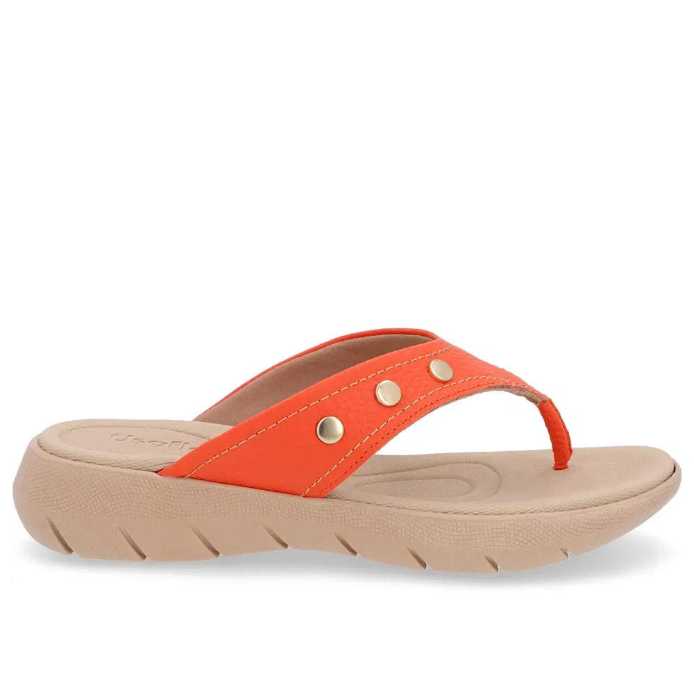 Chinelo Baixo Couro Laranja Enfeite Rebite
