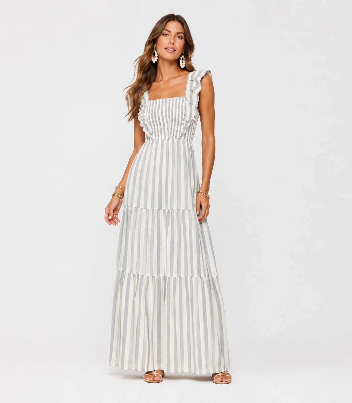 Vestido Midi Feminino Listrado Com Lastex Aishty Cinza