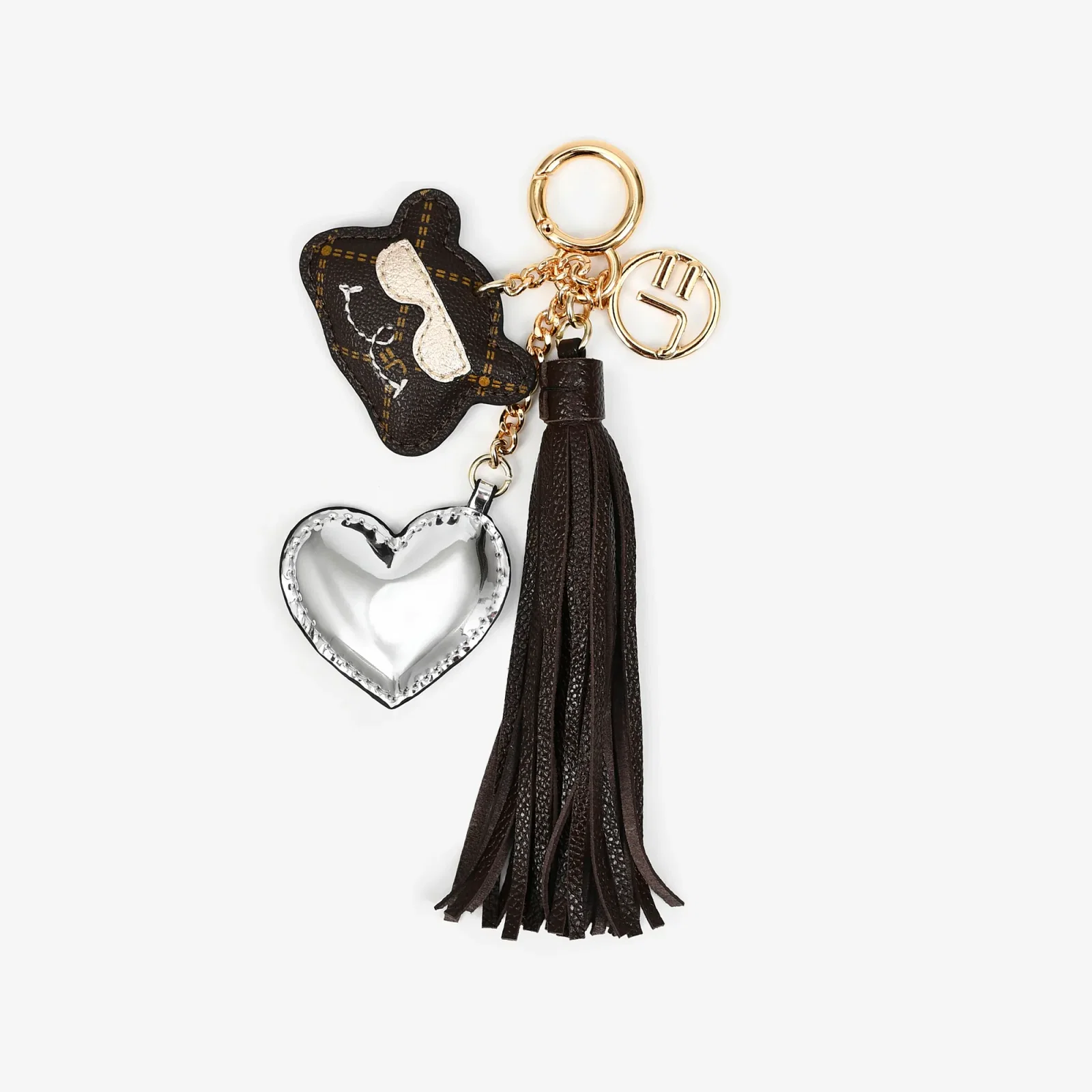 Bag Charm Marrom Terroir Urso Monograma Coração Prata Jb