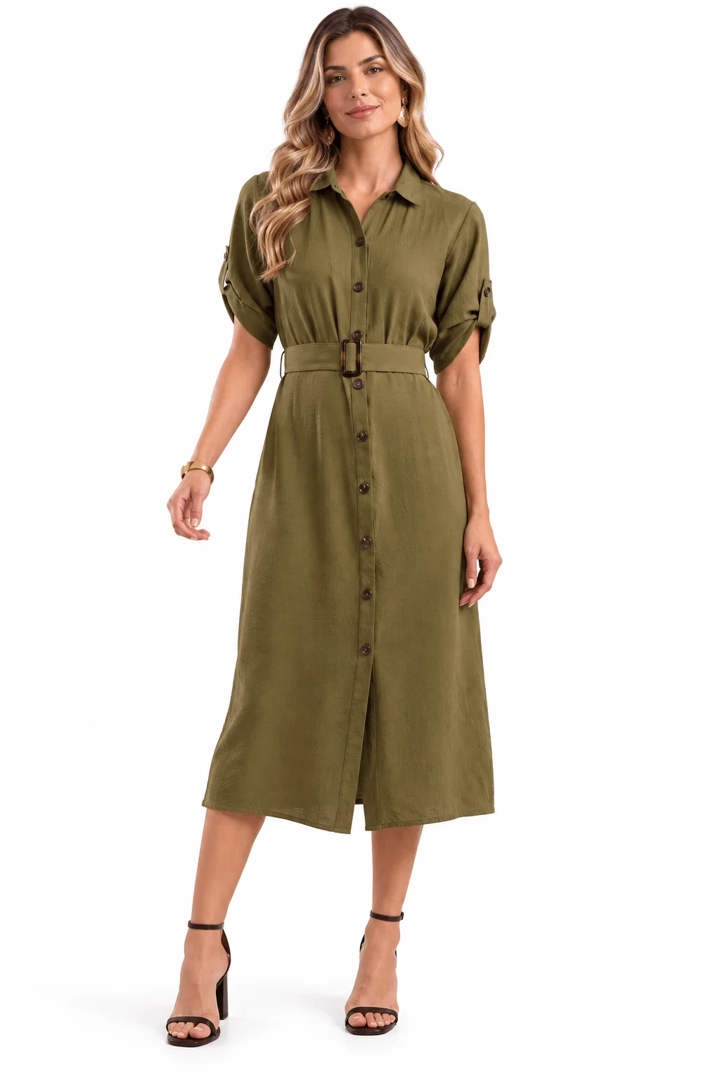Chemise Botões Cinto Faixa Com Fivela - Verde Escuro — imagem 1