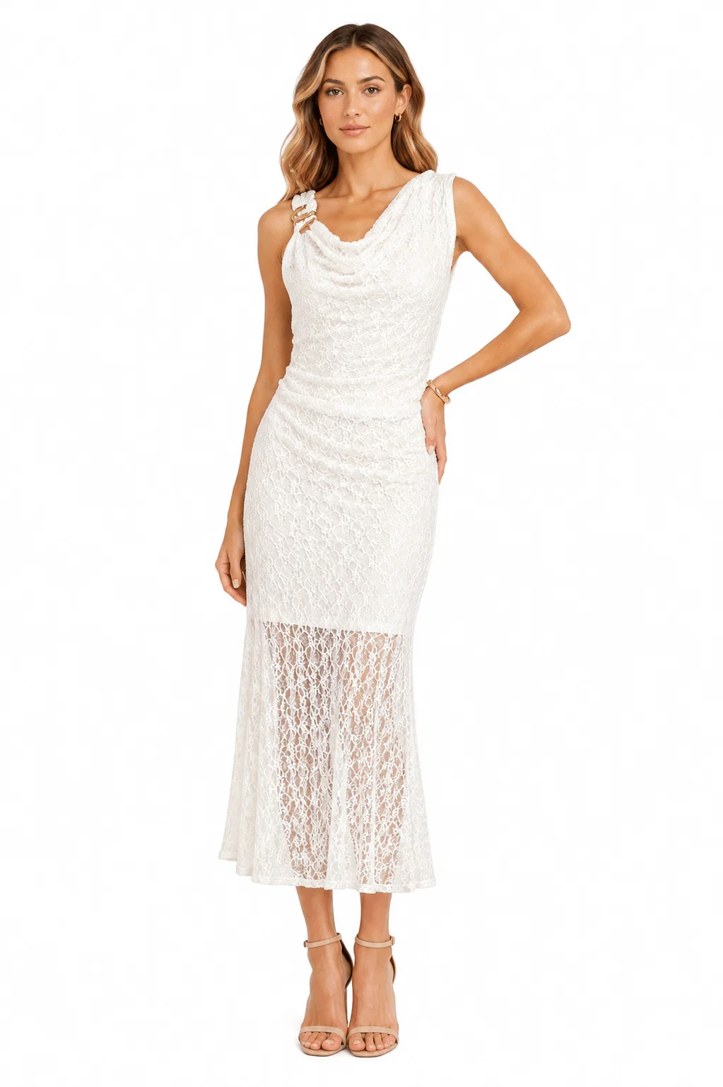 Vestido Longo Renda Detalhe Ombro - Off White