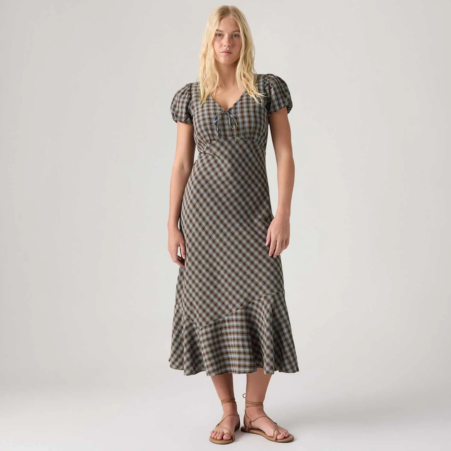 Vestido Levi's® Lira Midi Xadrez Marrom Manga Curta