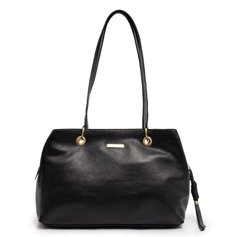 Bolsa Shopping Couro Argolas Preto