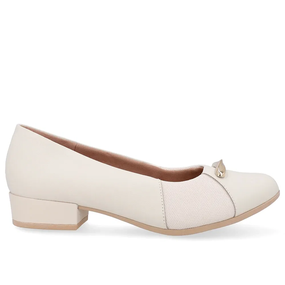 Scarpin Couro Branco Marfim Lateral Tecido