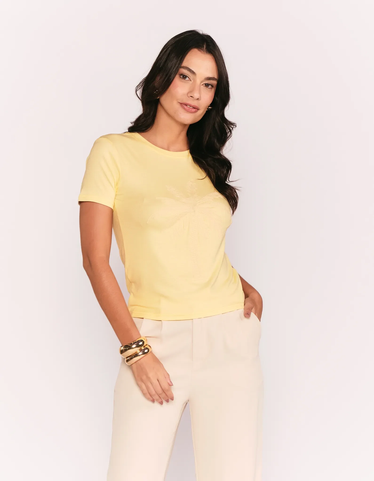 Blusa Manga Curta Bordado Coqueiro - Amarelo — imagem 1