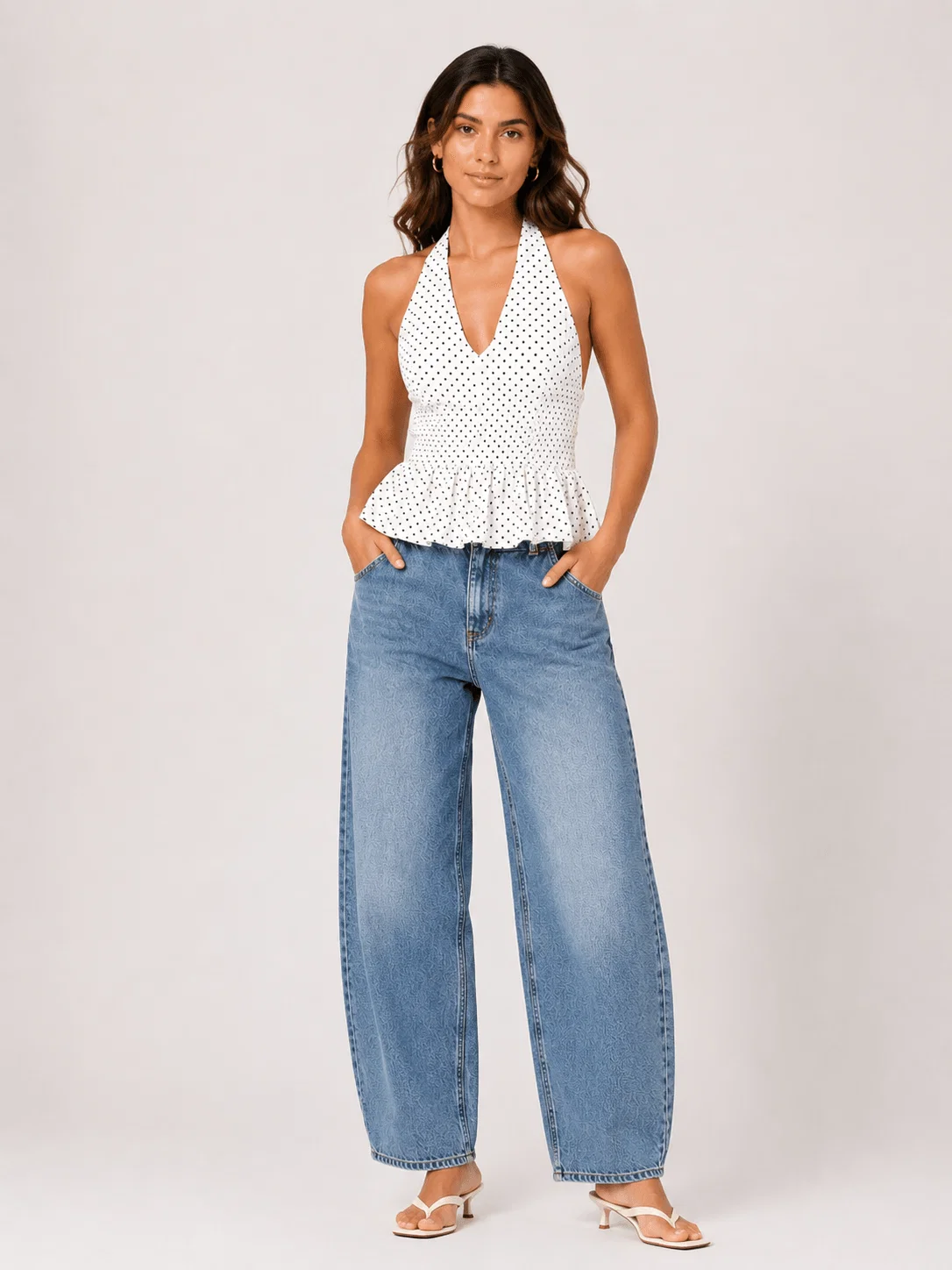 Blusa Frente Única Poá Com Lastex - Bege — imagem 1