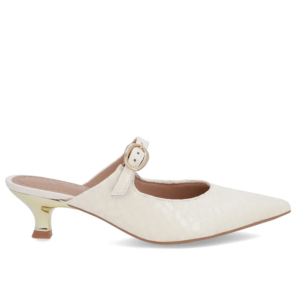 Mule Branca Marfim Verniz Croco Salto Kitten Tira