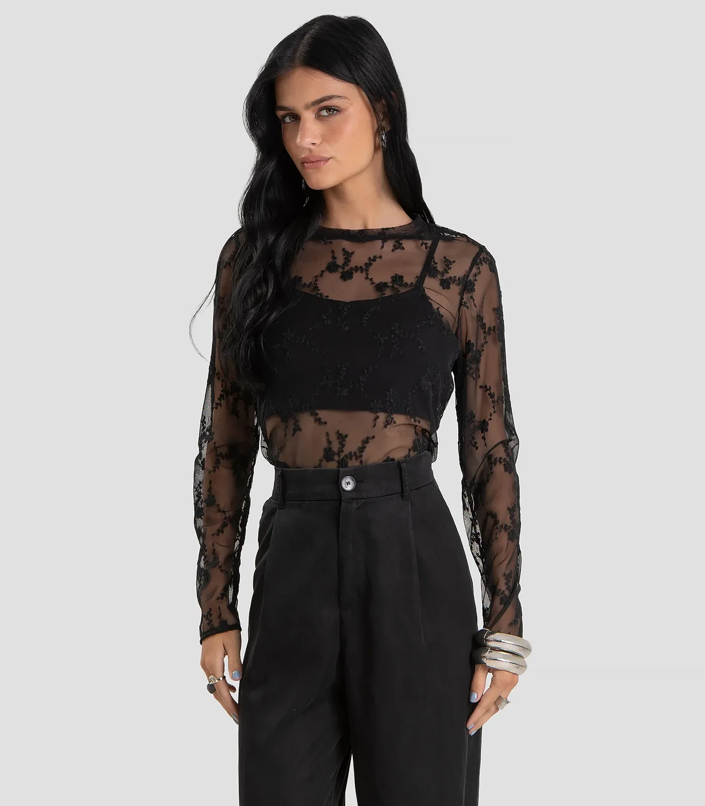 Conjunto Feminino Blusa de Tule com Top Dianna Preto — imagem 1