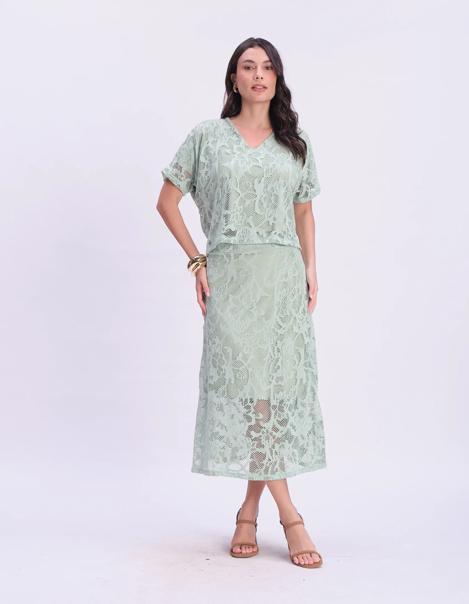 Saia Midi Renda Flores - Verde