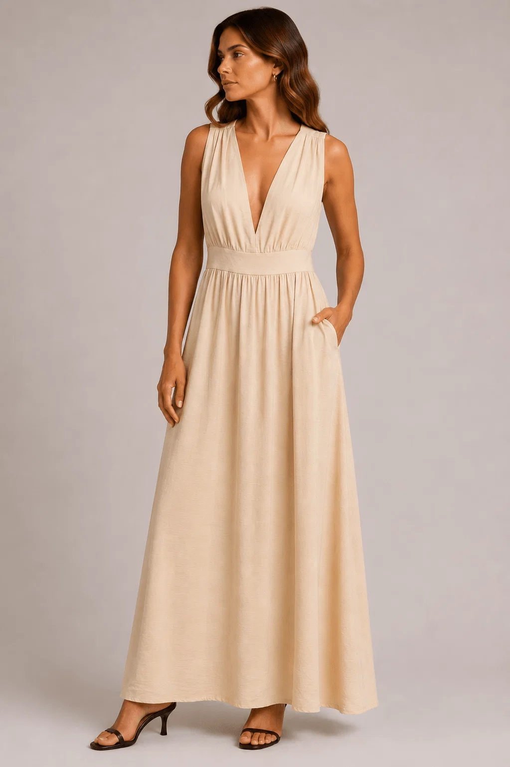 Vestido Longo Gola v Sem Manga - Bege