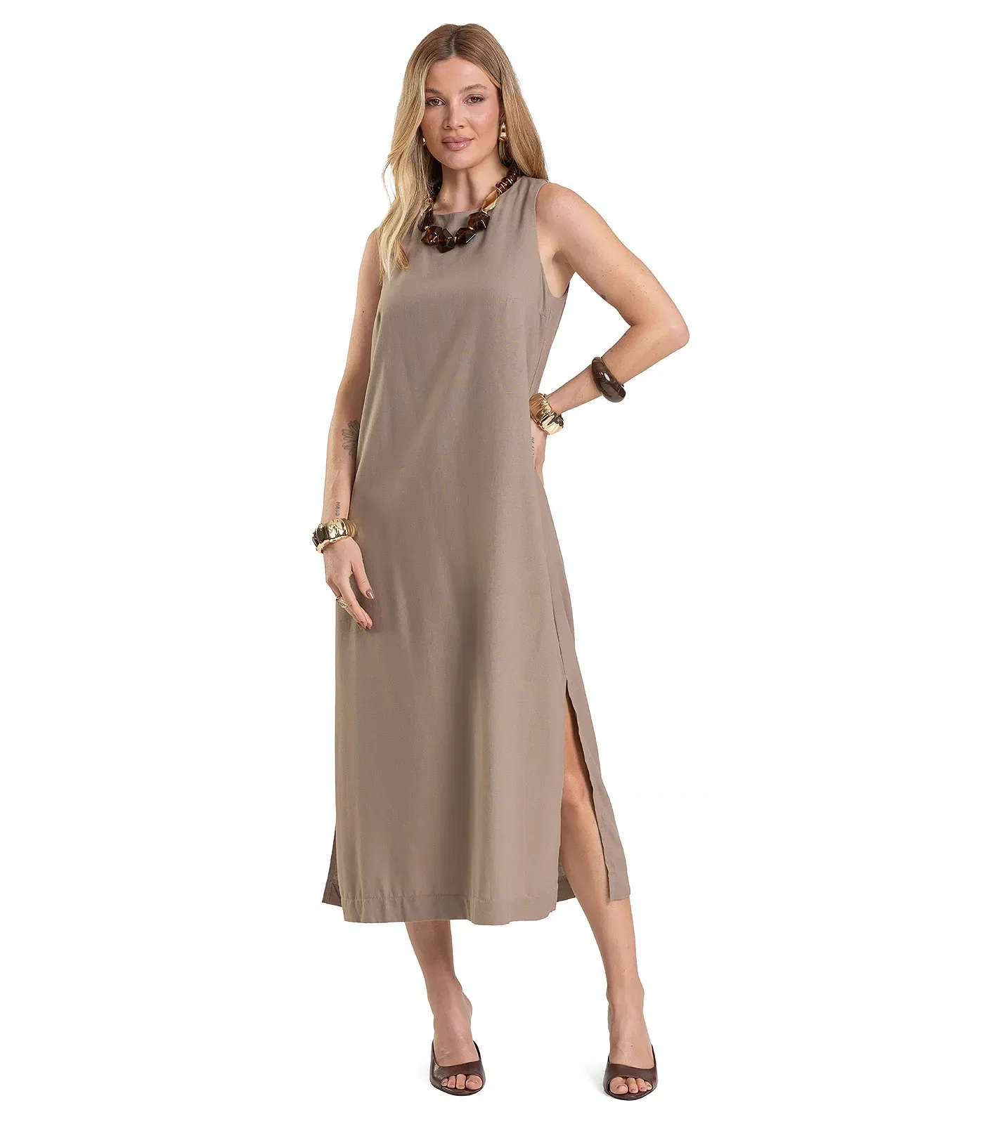 Vestido Midi Feminino em Tecido Linho Dianna Marrom