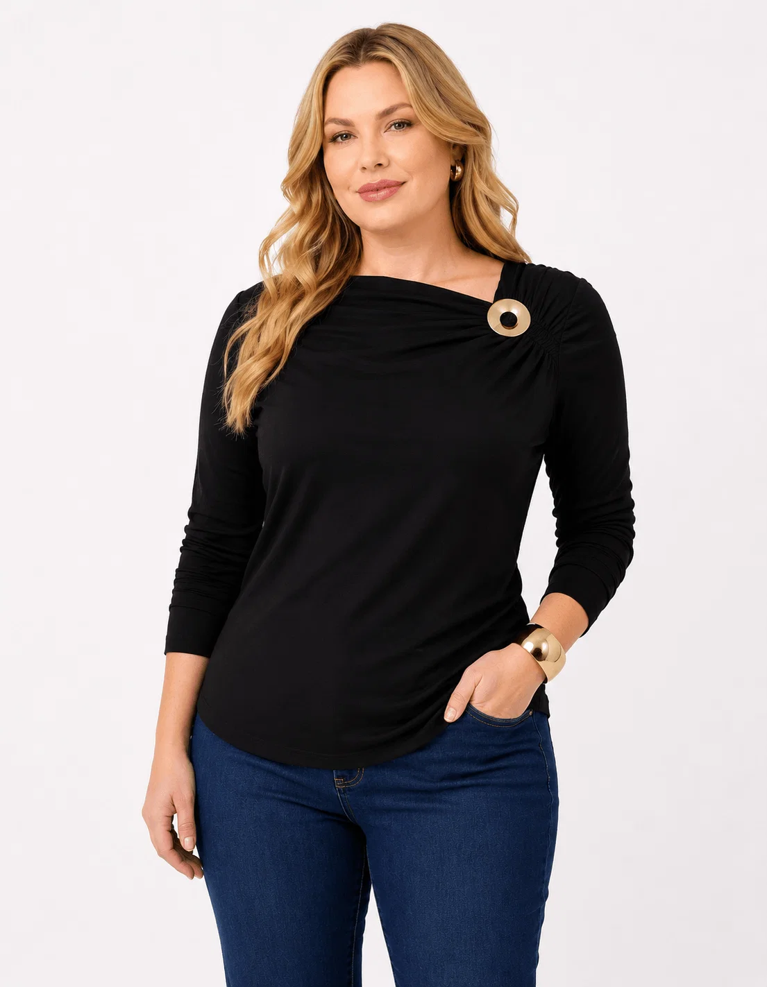 Blusa Manga Longa Detalhe Franzido Metal - Preto