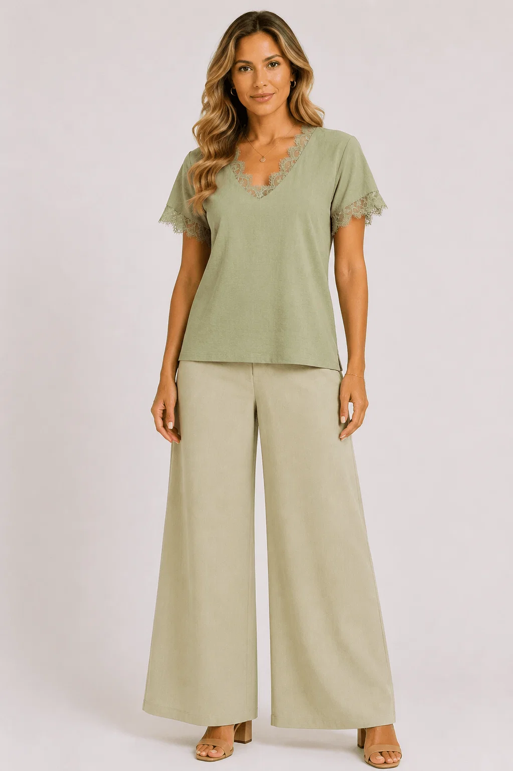 Blusa Manga Curta Decote v Detalhe Renda - Verde Claro