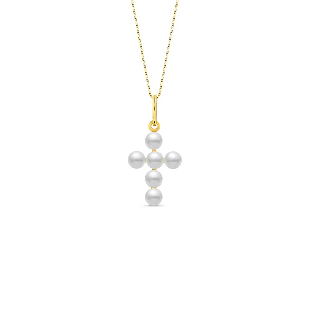 Pingente Cruz em Ouro Amarelo 18k com Pérolas, 21mm