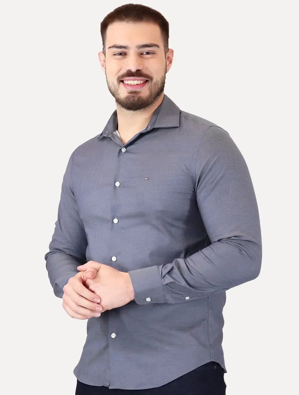 Camisa Tommy Hilfiger Masculina Slim TH Flex Twill Stretch Marinho Mescla — imagem 1