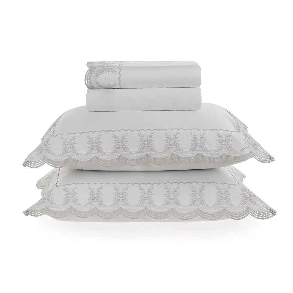 Jogo de cama Queen 600 fios Cetim Laurea Branco / Platino