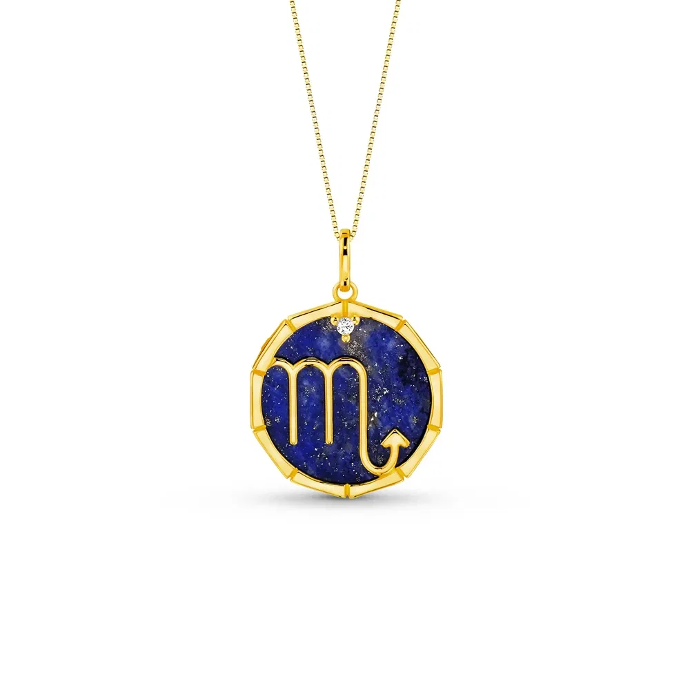 Pingente ZodíAço Escorpião em Ouro Amarelo 18k com Lápis Lazuli e Safira Incolor, 17mm — imagem 1