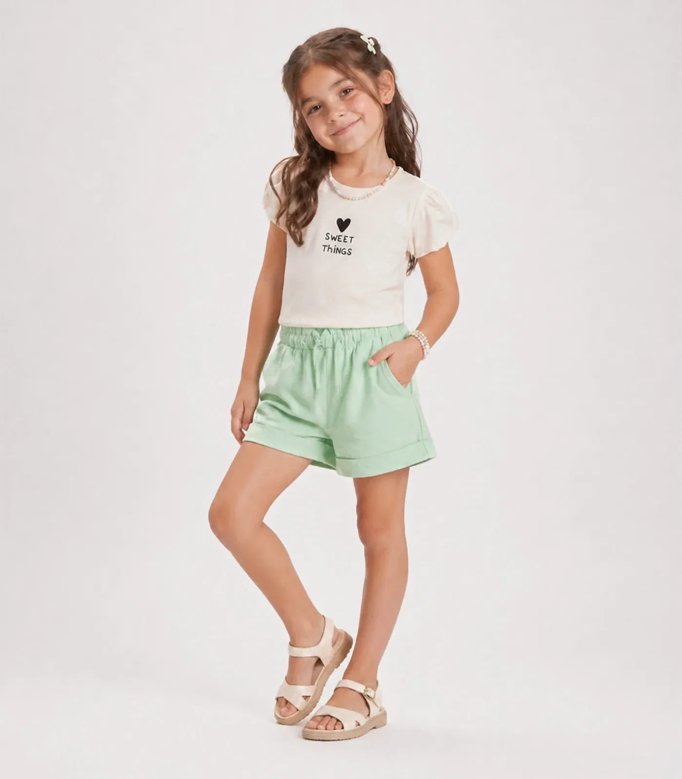 Conjunto Menina Verão Blusa Com Shorts Select Bege