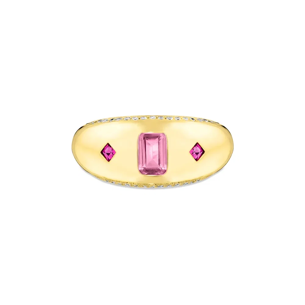 Anel Life Cora em Prata 925 com Banho de Ouro Amarelo 18k e Pedras Rosas