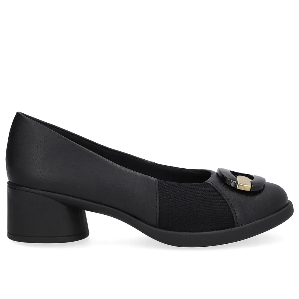 Scarpin Preto Couro Lateral Tecido Enfeite — imagem 1