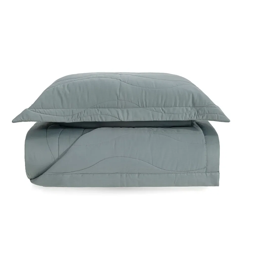 Colcha com Porta Travesseiro 100% Algodão Egípcio Novara Azul Mare