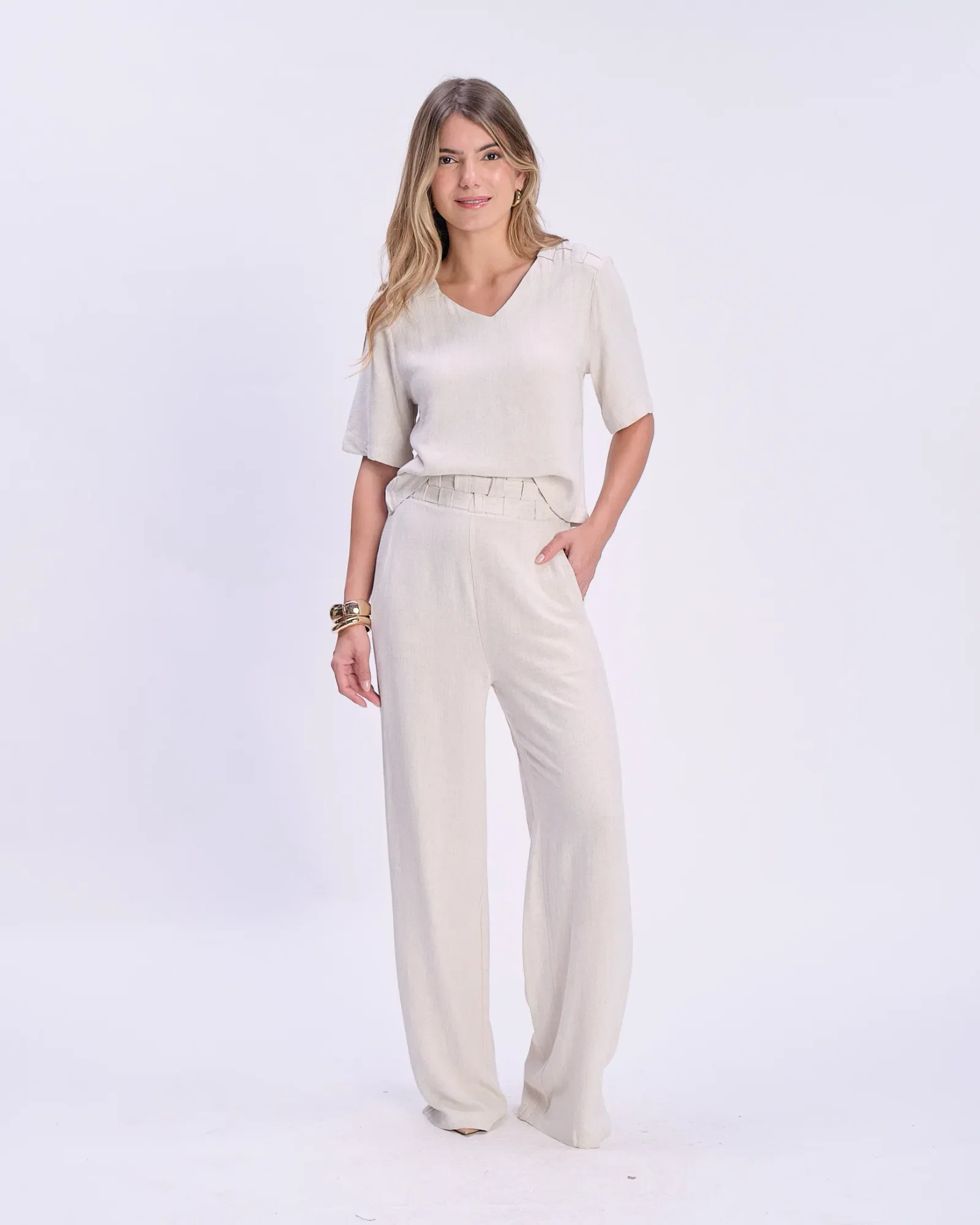Calça Pantalona Linho Cós Tramado - Areia — imagem 1