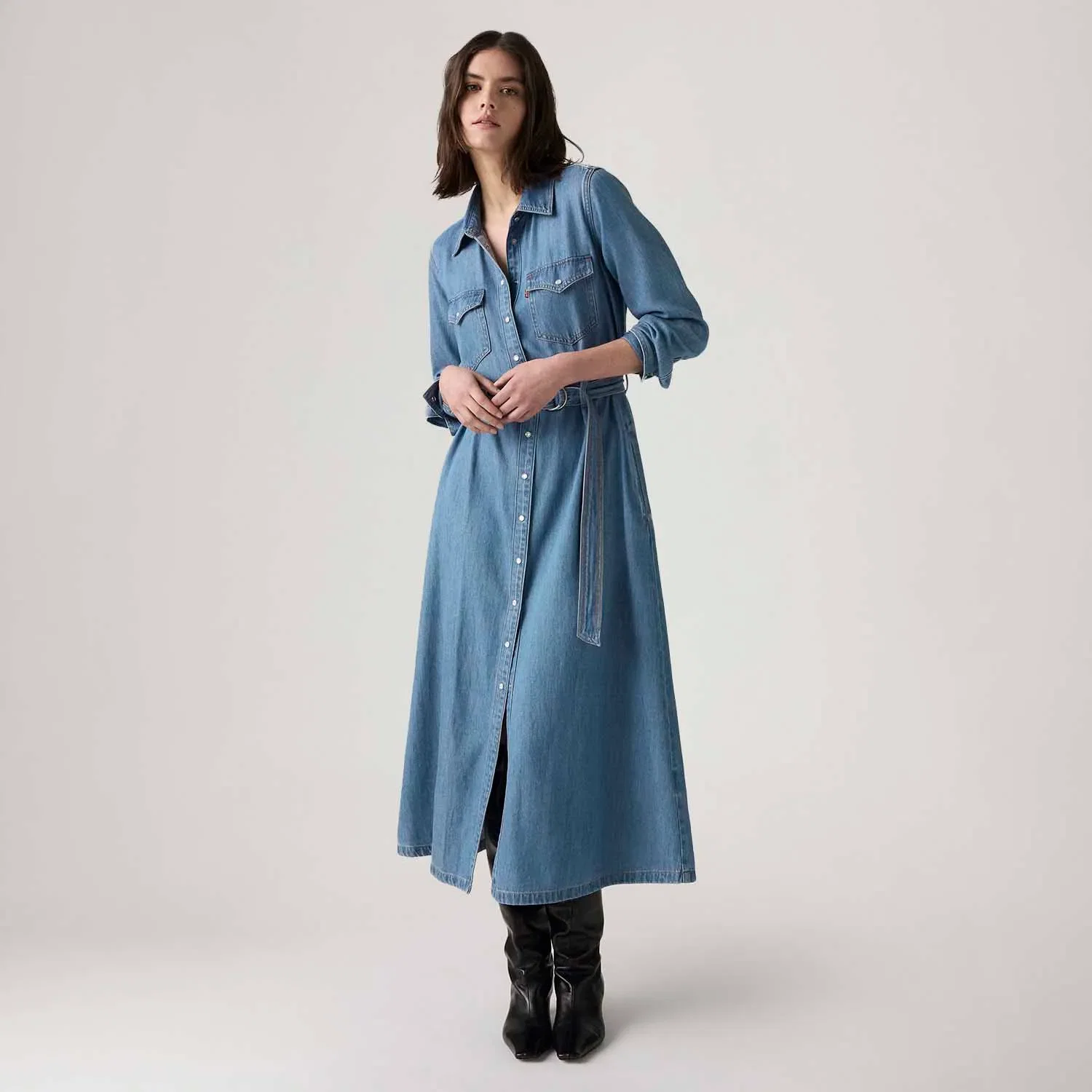Vestido Jeans Levi's® Quincey Maxi Manga Longa Lavagem Média