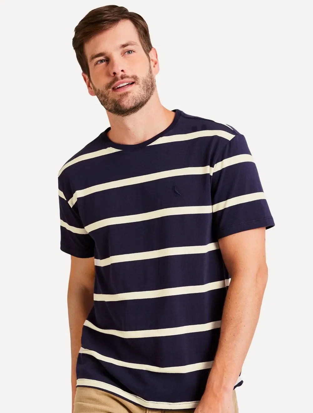 Camiseta Reserva Masculina Linho Joa Off-White Listras Azul Marinho